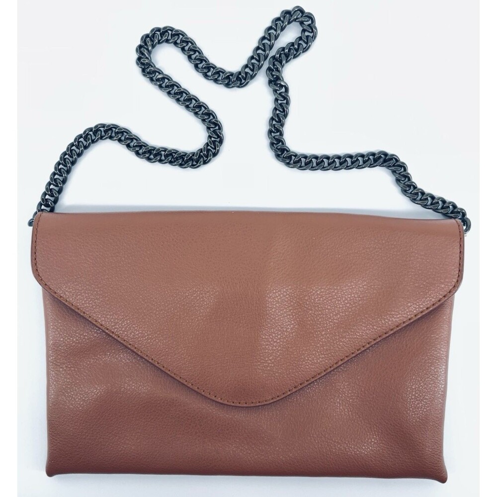 J Crew Pebble Leather Envelope Clutch Crossbody Brown Chain Strap Snap Closure